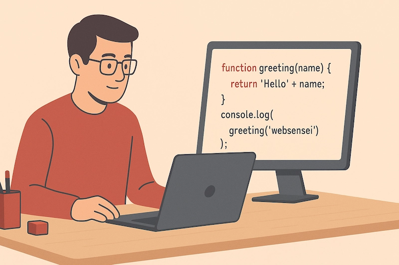 Репетитор обучает программированию на JavaScript. В коде он показывает как написать функцию на JavaScript. Данная функция имеет один параметр и возвращает строку с использованием интерполяции.