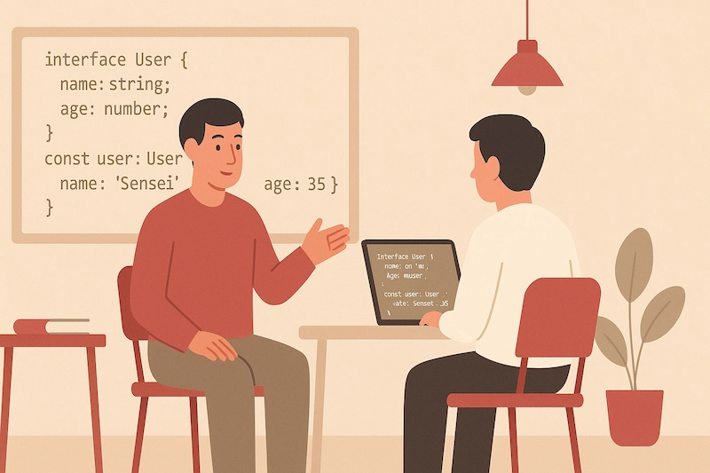 Репетитор по программированию объясняет ученику код TypeScript, после чего обучаемый понимает как создавать интерфейсы и где их использовать в TypeScript.